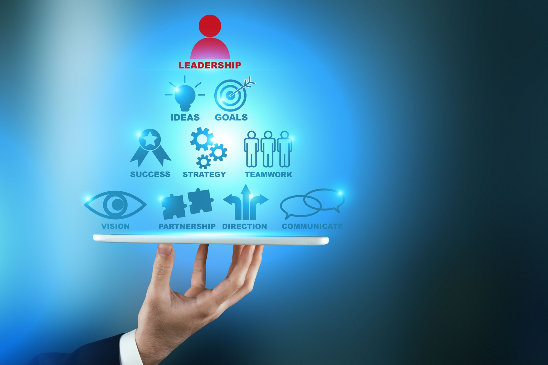 Leadership concept. Businessman using digital tablet and showing leadership interface icons
