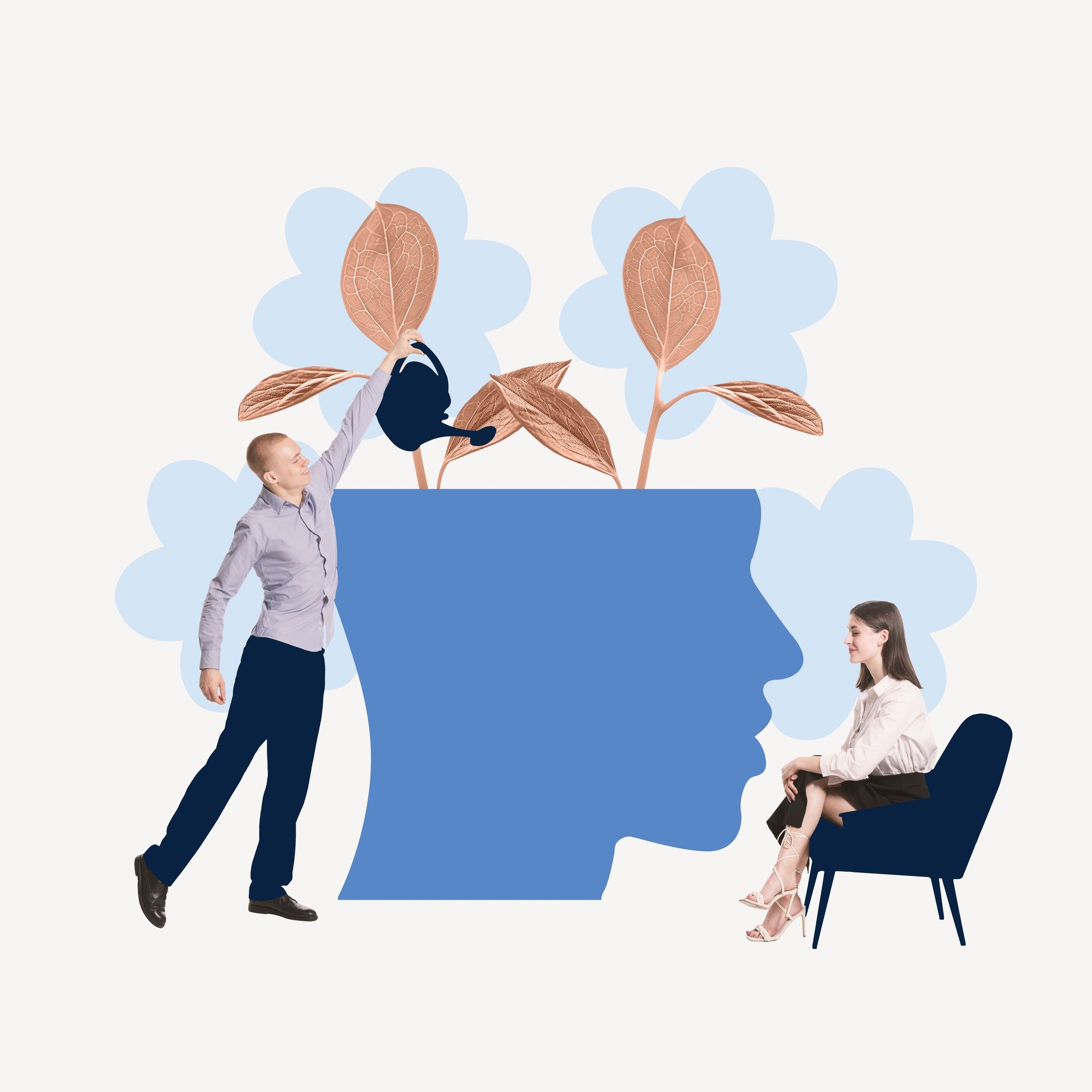 Man watering plants sprouting from large head-shaped pot, importance of nourishing mind and mental well-being for personal development. Contemporary art collage.